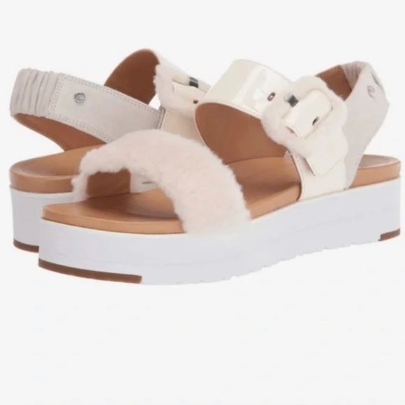 UGG Jasmine Le Fluff Wedge Fur Patent Leather Sandals Shoes Size 10 - Picture 1 of 5